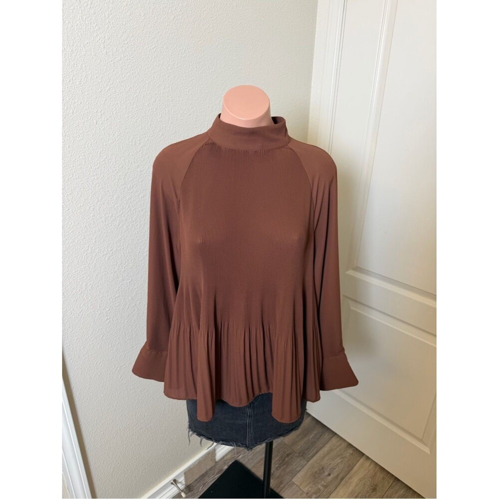 H&M Mock Neck Pleated Brown Blouse Top Sz S